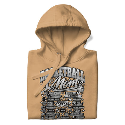 khaki Basketball Mom hoodie with "All My Roles" design, chrome print, front view