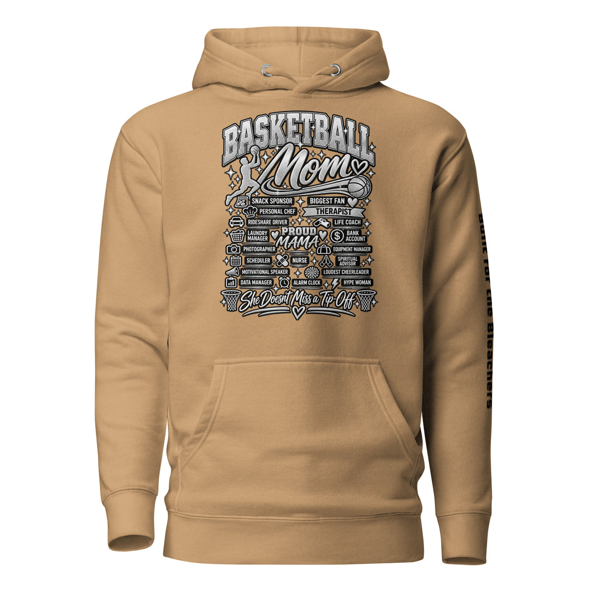 khaki Basketball Mom hoodie with "All My Roles" design, chrome print, front view