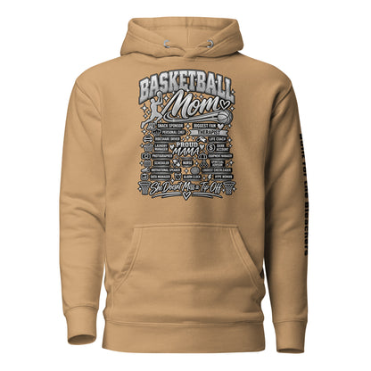 khaki Basketball Mom hoodie with "All My Roles" design, chrome print, front view