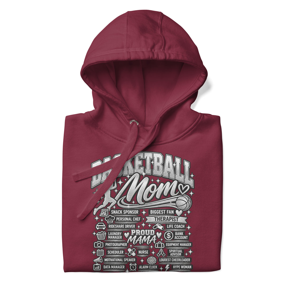 maroon Basketball Mom hoodie with "All My Roles" design, chrome print, front view