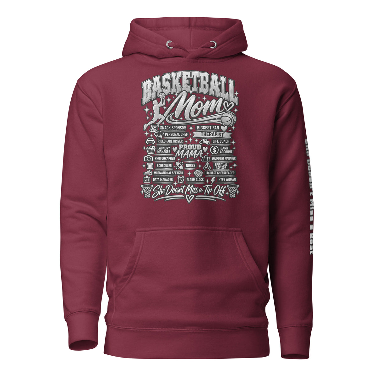 maroon Basketball Mom hoodie with "All My Roles" design, chrome print, front view