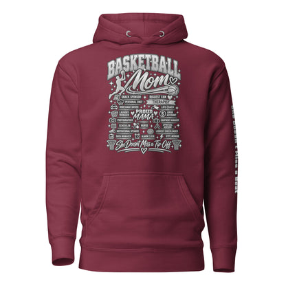 maroon Basketball Mom hoodie with "All My Roles" design, chrome print, front view