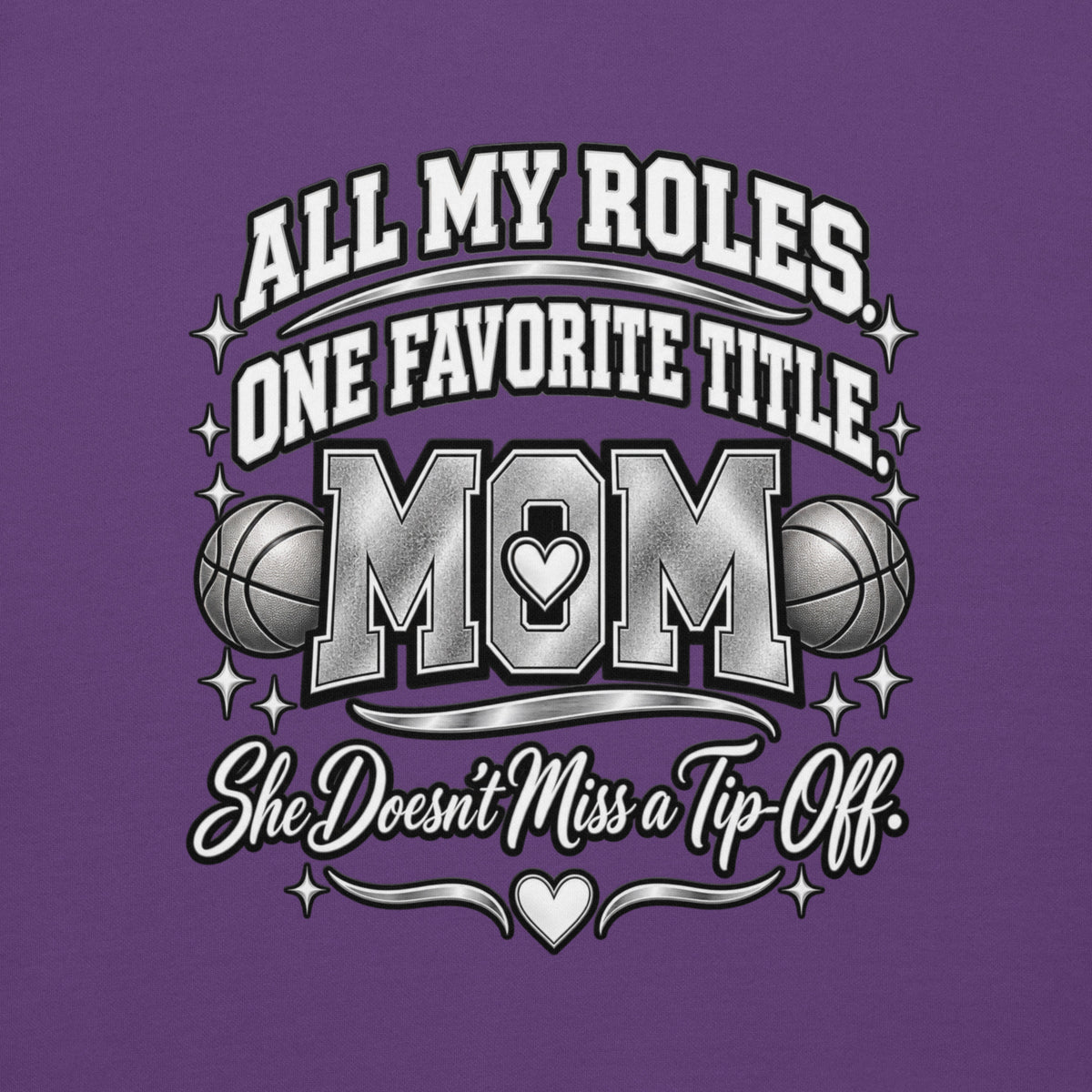 purple Basketball Mom hoodie with "All My Roles" design, chrome print, back view