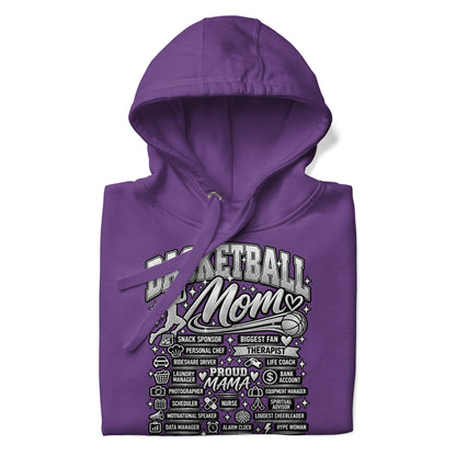purple Basketball Mom hoodie with "All My Roles" design, chrome print, front view