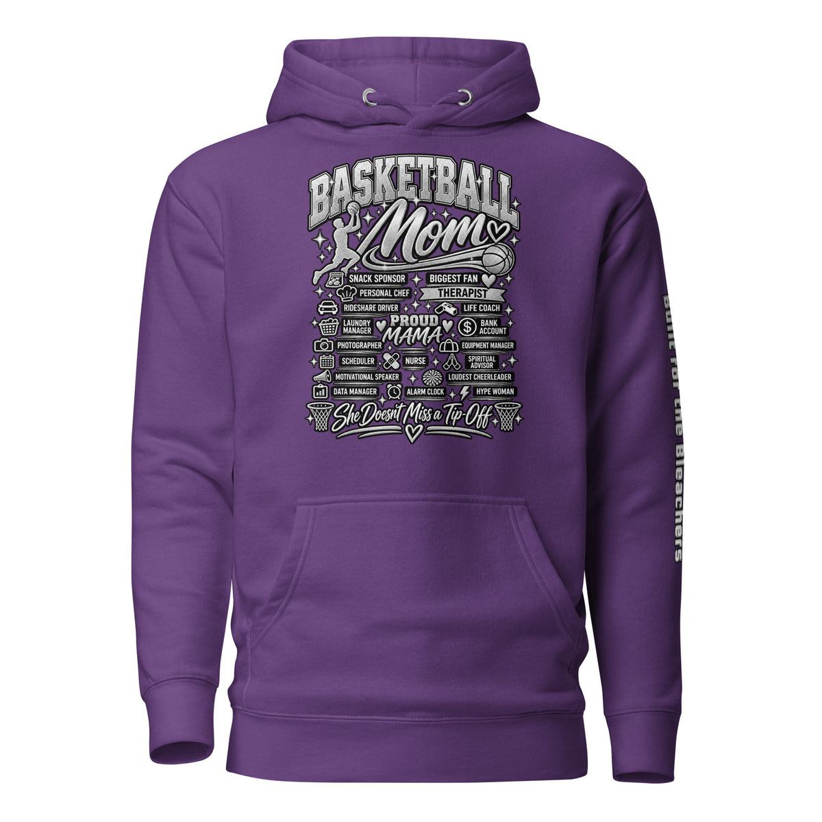 purple Basketball Mom hoodie with "All My Roles" design, chrome print, front view