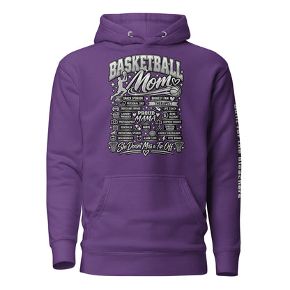 purple Basketball Mom hoodie with "All My Roles" design, chrome print, front view