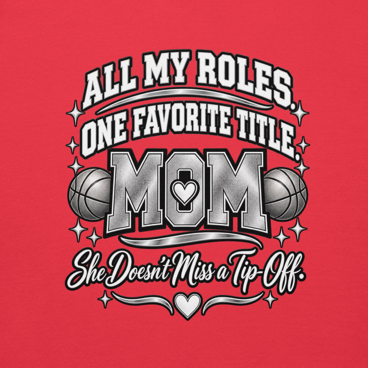 red Basketball Mom hoodie with "All My Roles" design, chrome print, back view