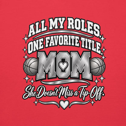 red Basketball Mom hoodie with "All My Roles" design, chrome print, back view