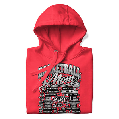 red Basketball Mom hoodie with "All My Roles" design, chrome print, front view