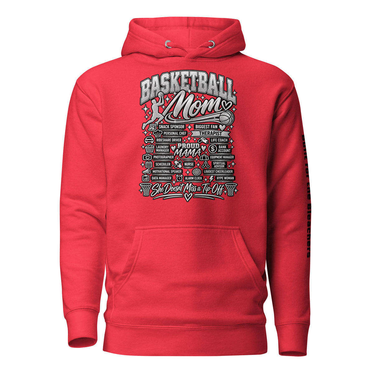 red Basketball Mom hoodie with "All My Roles" design, chrome print, front view