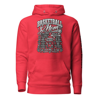 red Basketball Mom hoodie with "All My Roles" design, chrome print, front view