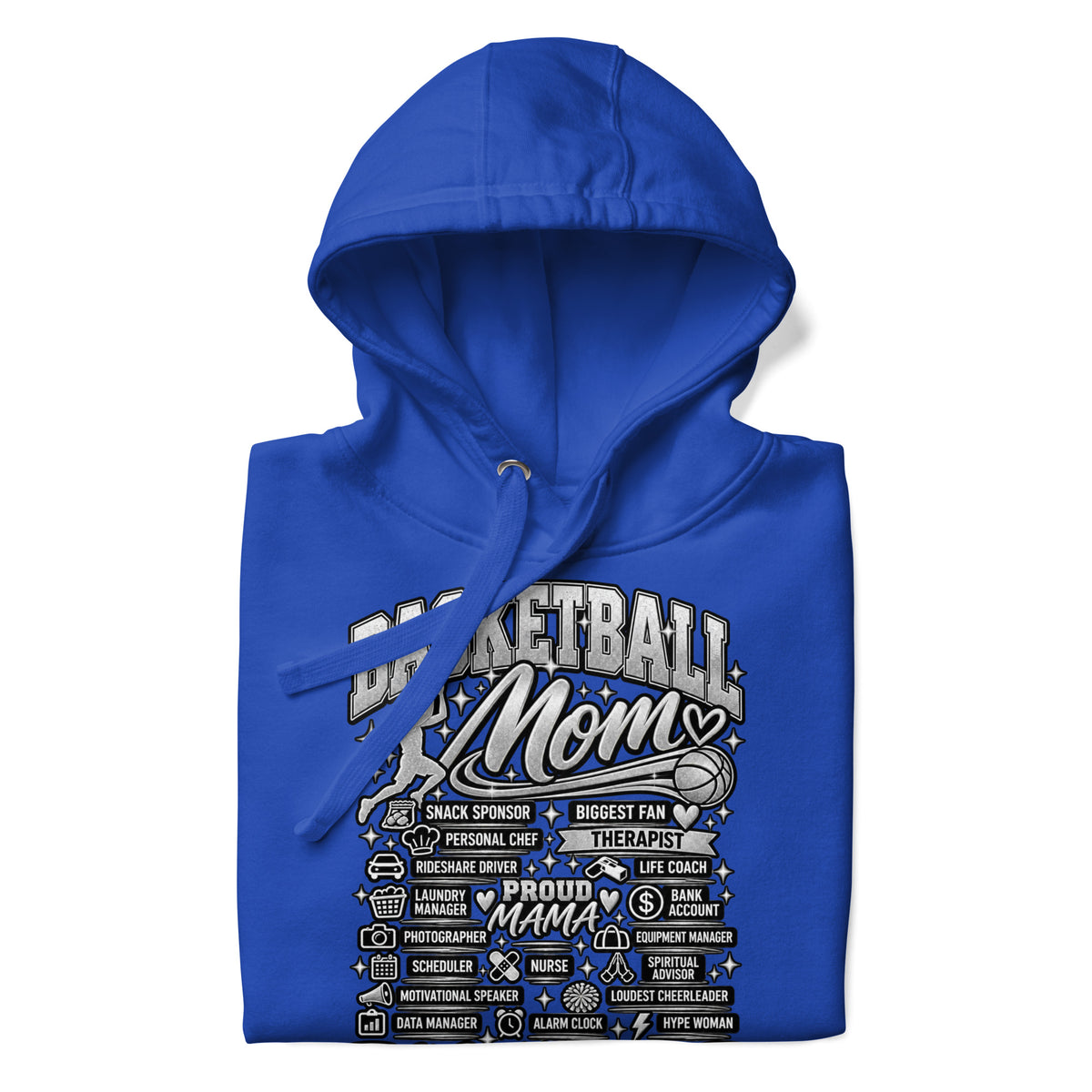 royal blue Basketball Mom hoodie with "All My Roles" design, chrome print, front view