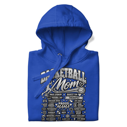 royal blue Basketball Mom hoodie with "All My Roles" design, chrome print, front view
