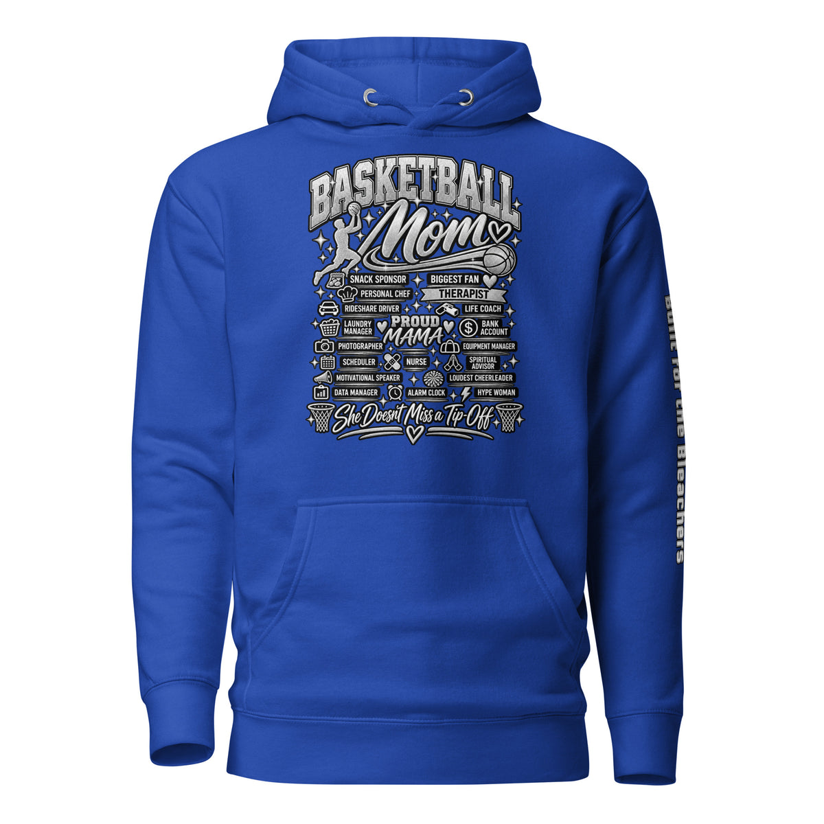 royal blue Basketball Mom hoodie with "All My Roles" design, chrome print, front view