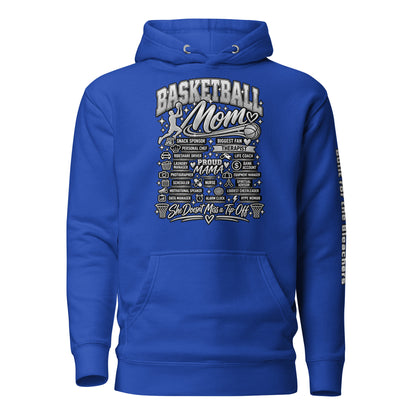 royal blue Basketball Mom hoodie with "All My Roles" design, chrome print, front view