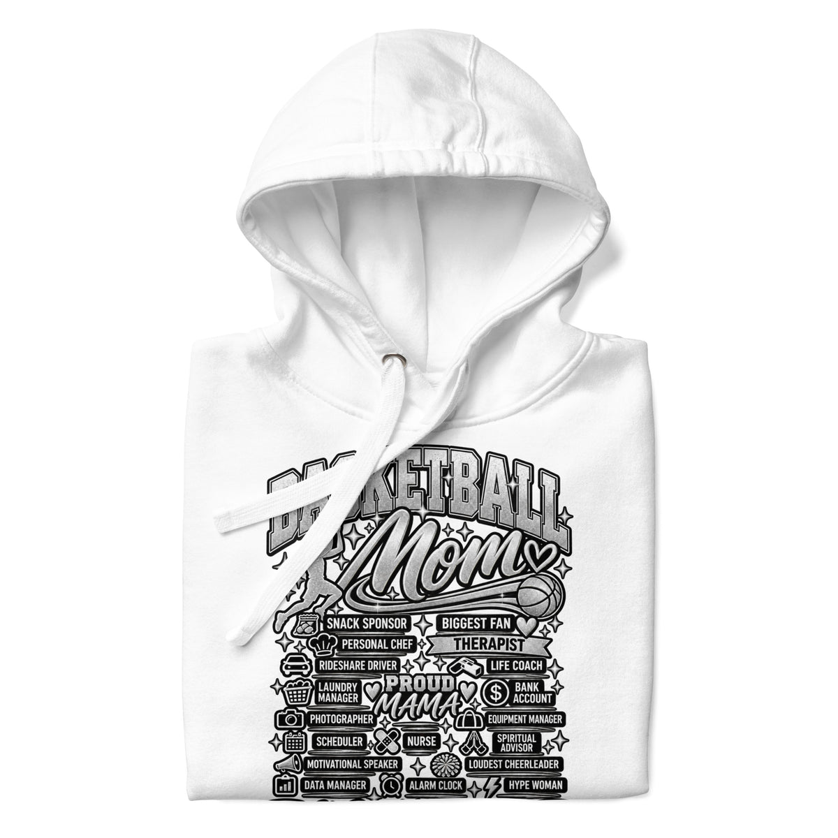 white Basketball Mom hoodie with "All My Roles" design, chrome print, front view
