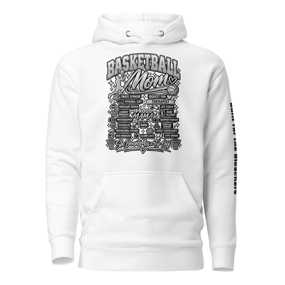 white Basketball Mom hoodie with "All My Roles" design, chrome print, front view