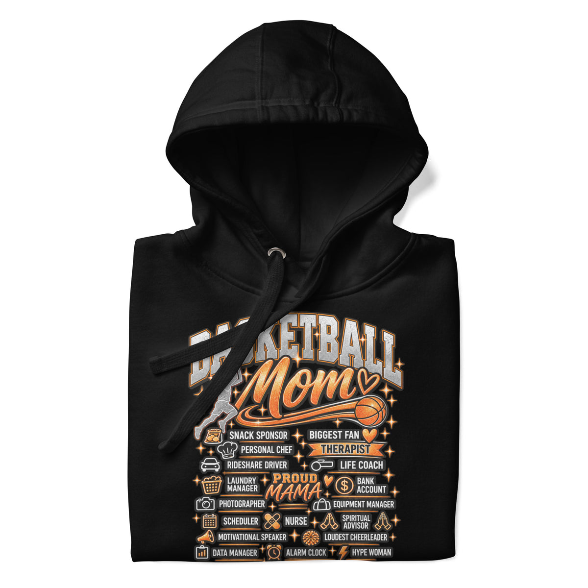 black Basketball Mom hoodie with "All My Roles" design, white print, front view