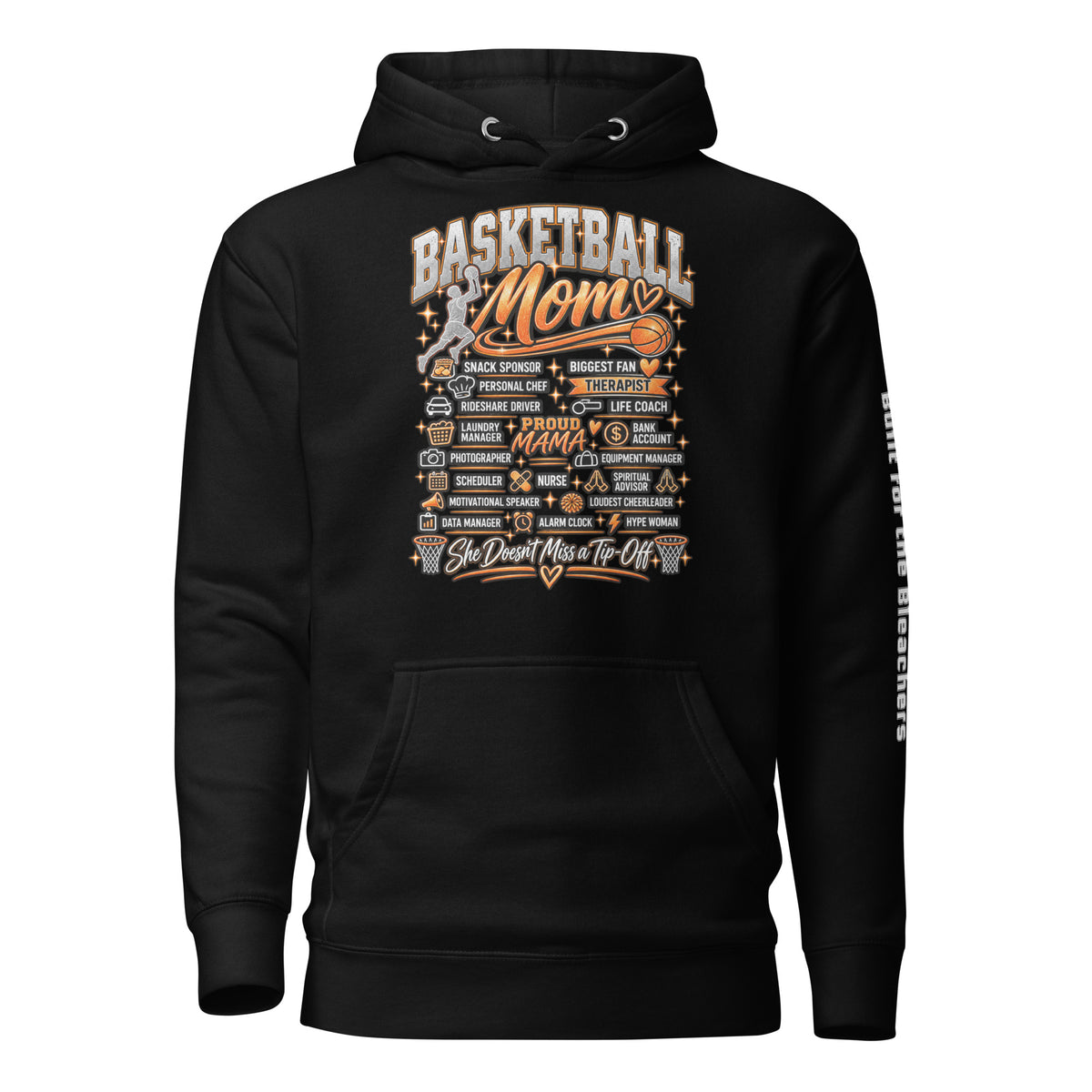 black Basketball Mom hoodie with "All My Roles" design, white print, front view