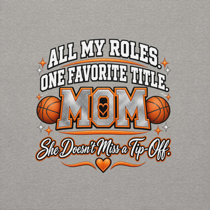 carbon gray Basketball Mom hoodie with "All My Roles" design, white print, back view