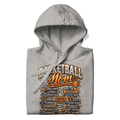 carbon gray Basketball Mom hoodie with "All My Roles" design, white print, front view