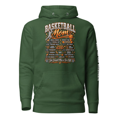forest green Basketball Mom hoodie with "All My Roles" design, white print, front view