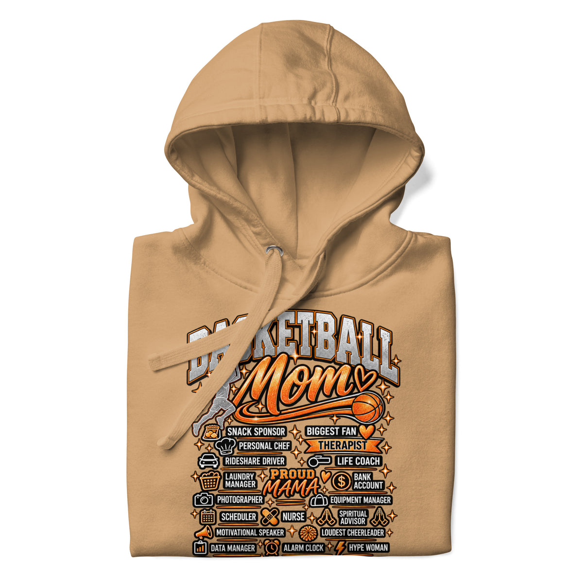 khaki Basketball Mom hoodie with "All My Roles" design, white print, front view