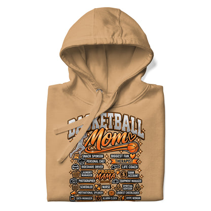 khaki Basketball Mom hoodie with "All My Roles" design, white print, front view