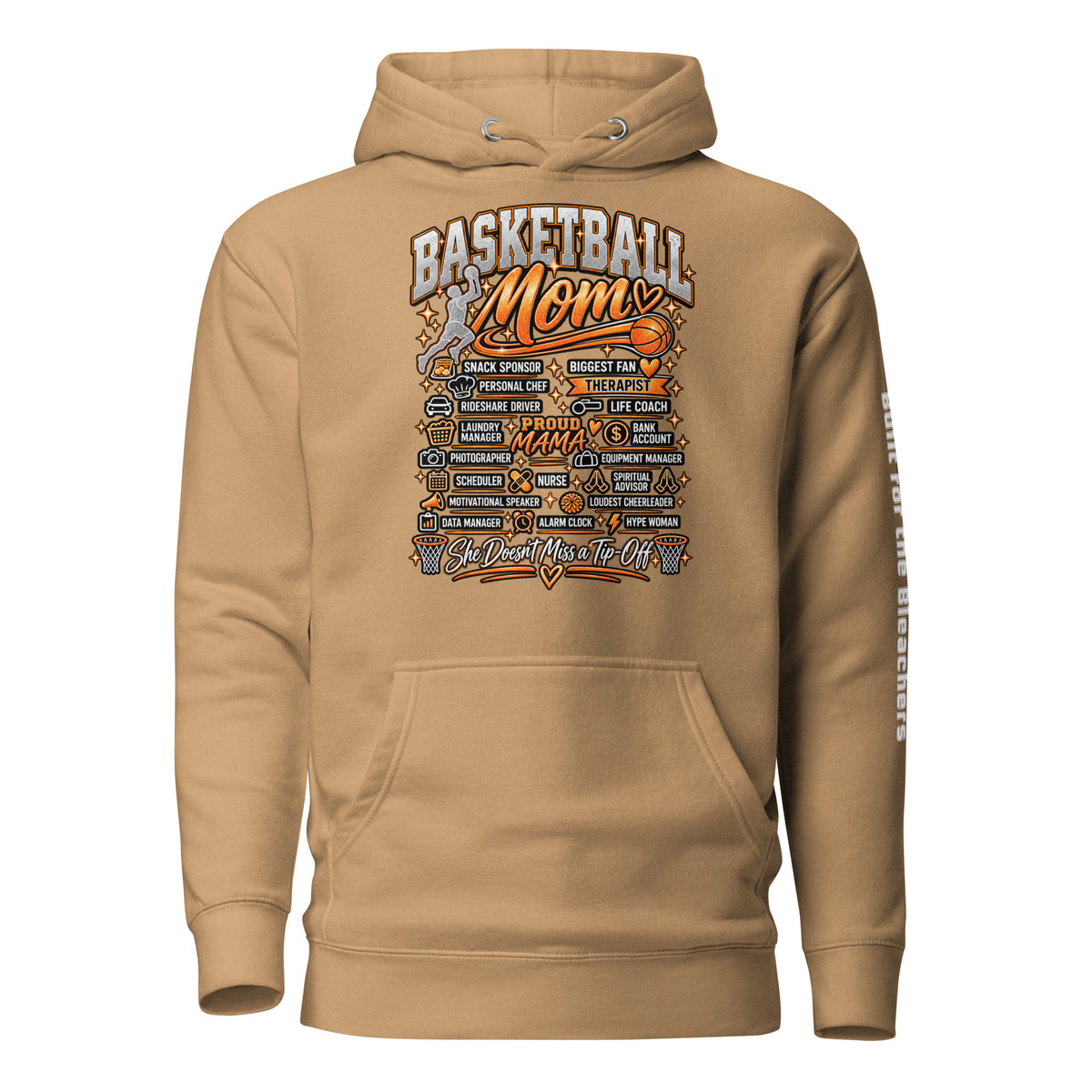 khaki Basketball Mom hoodie with "All My Roles" design, white print, front view