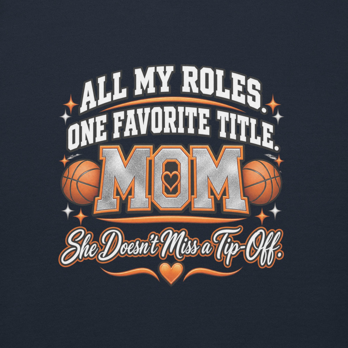 navy Basketball Mom hoodie with "All My Roles" design, white print, back view