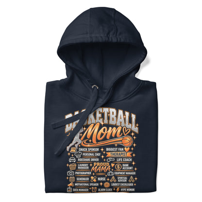 navy Basketball Mom hoodie with "All My Roles" design, white print, front view