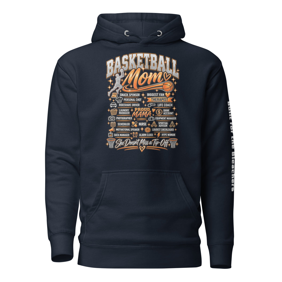 navy Basketball Mom hoodie with "All My Roles" design, white print, front view