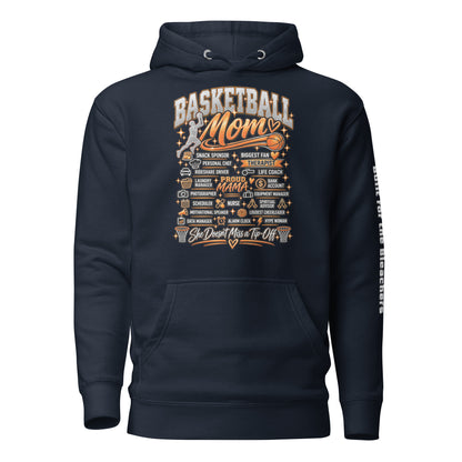 navy Basketball Mom hoodie with "All My Roles" design, white print, front view