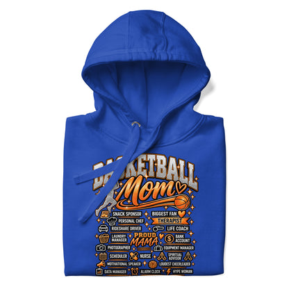 royal blue Basketball Mom hoodie with "All My Roles" design, white print, front view