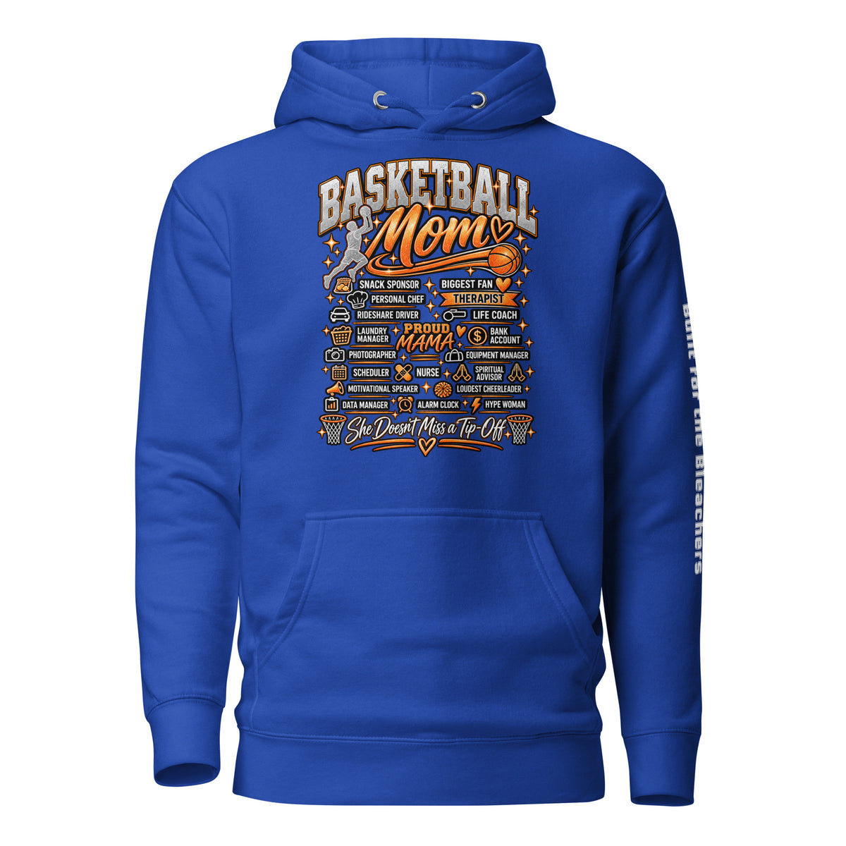 royal blue Basketball Mom hoodie with "All My Roles" design, white print, front view
