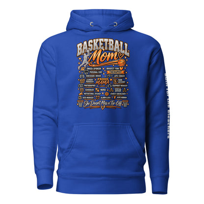 royal blue Basketball Mom hoodie with "All My Roles" design, white print, front view