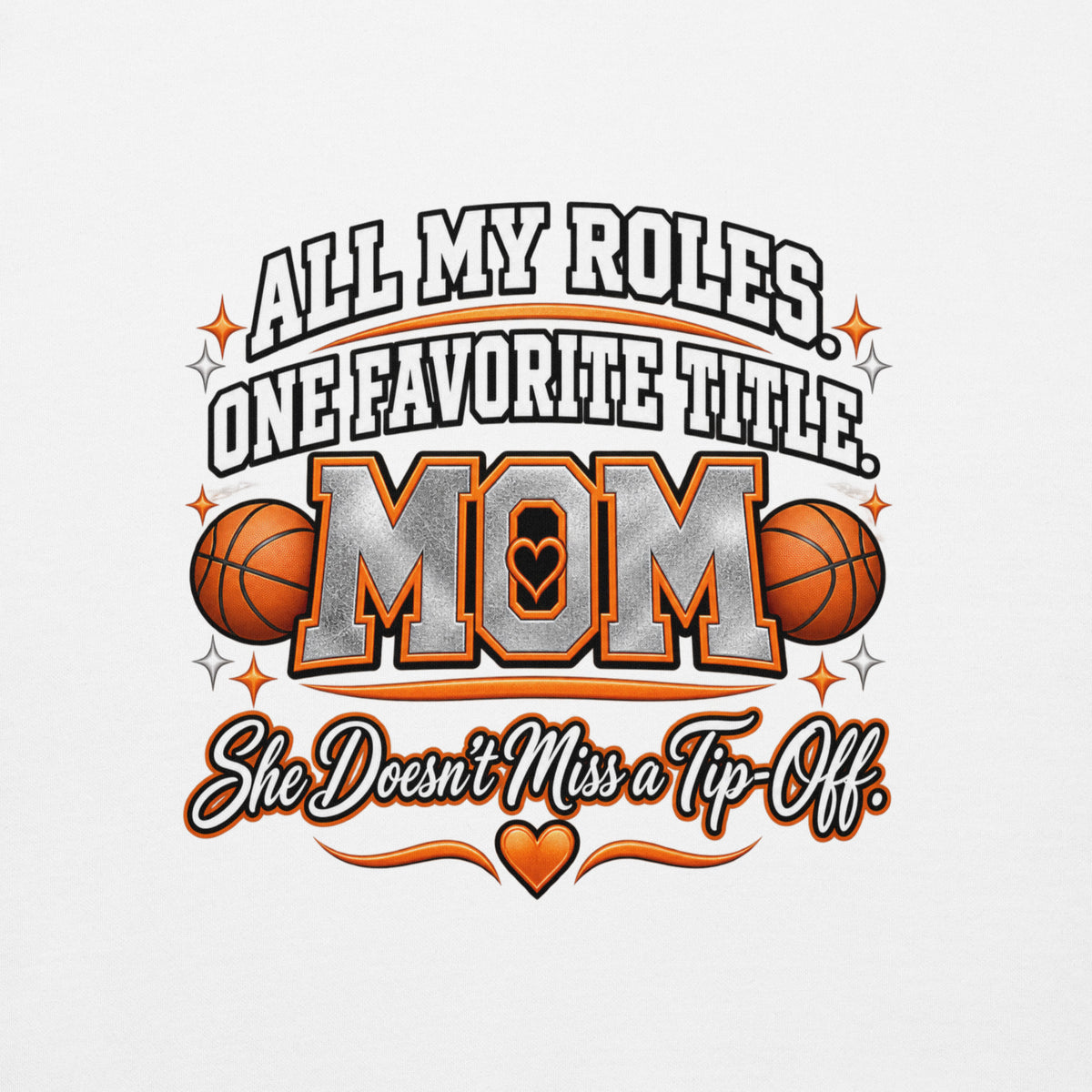 white Basketball Mom hoodie with "All My Roles" design, white print, back view