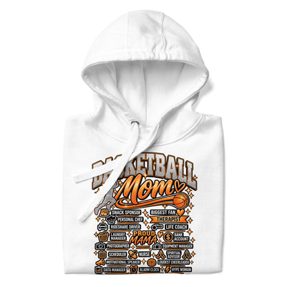 white Basketball Mom hoodie with "All My Roles" design, white print, front view