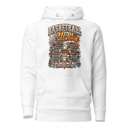 white Basketball Mom hoodie with "All My Roles" design, white print, front view