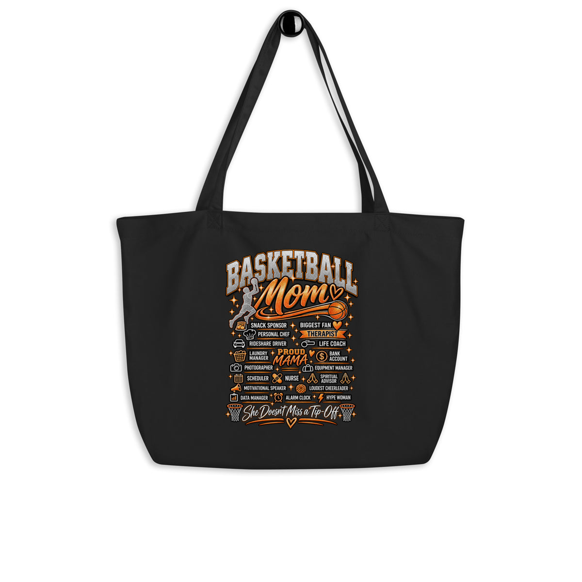 black Basketball Mom tote bag with "All My Roles" design, front view