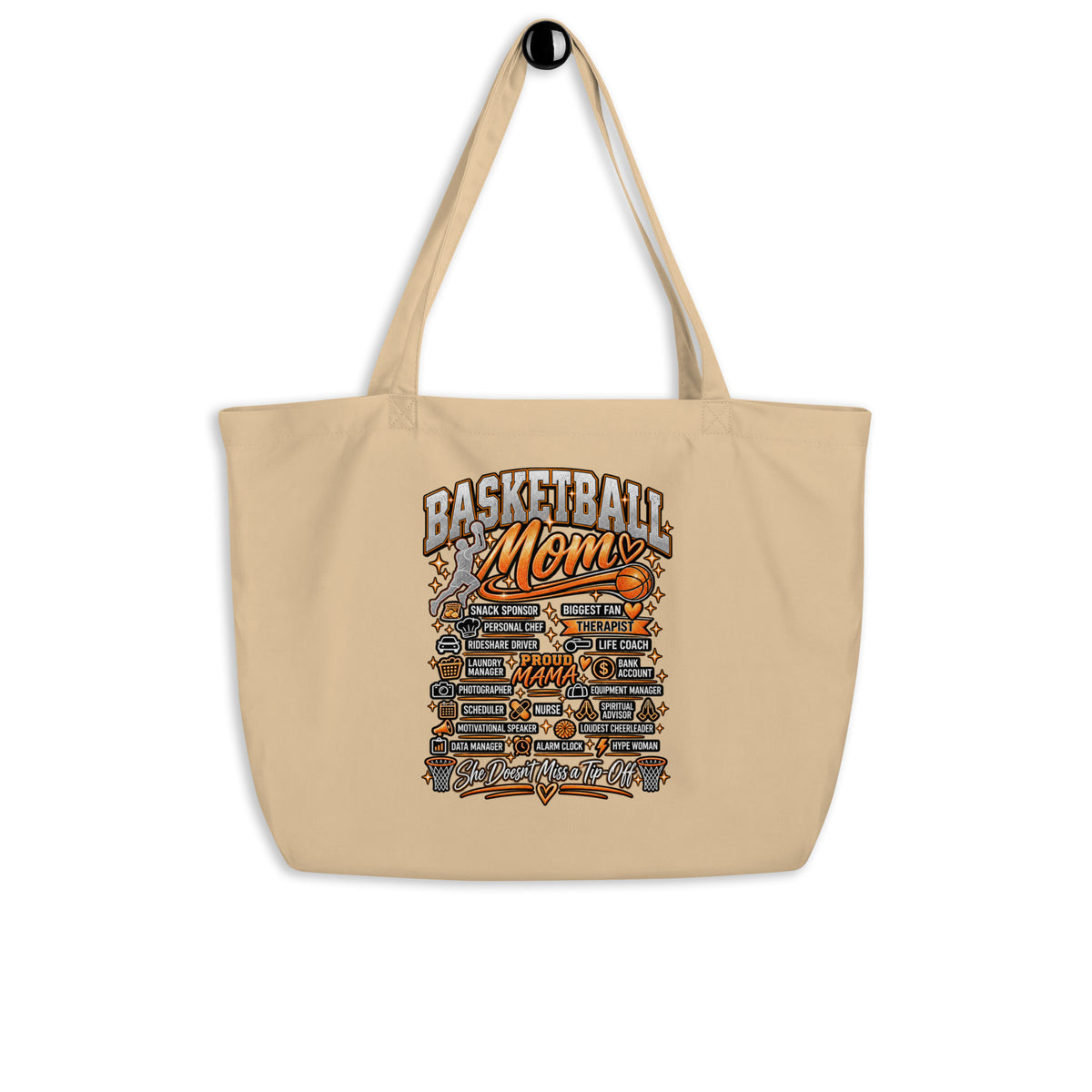 oyster Basketball Mom tote bag with "All My Roles" design, front view