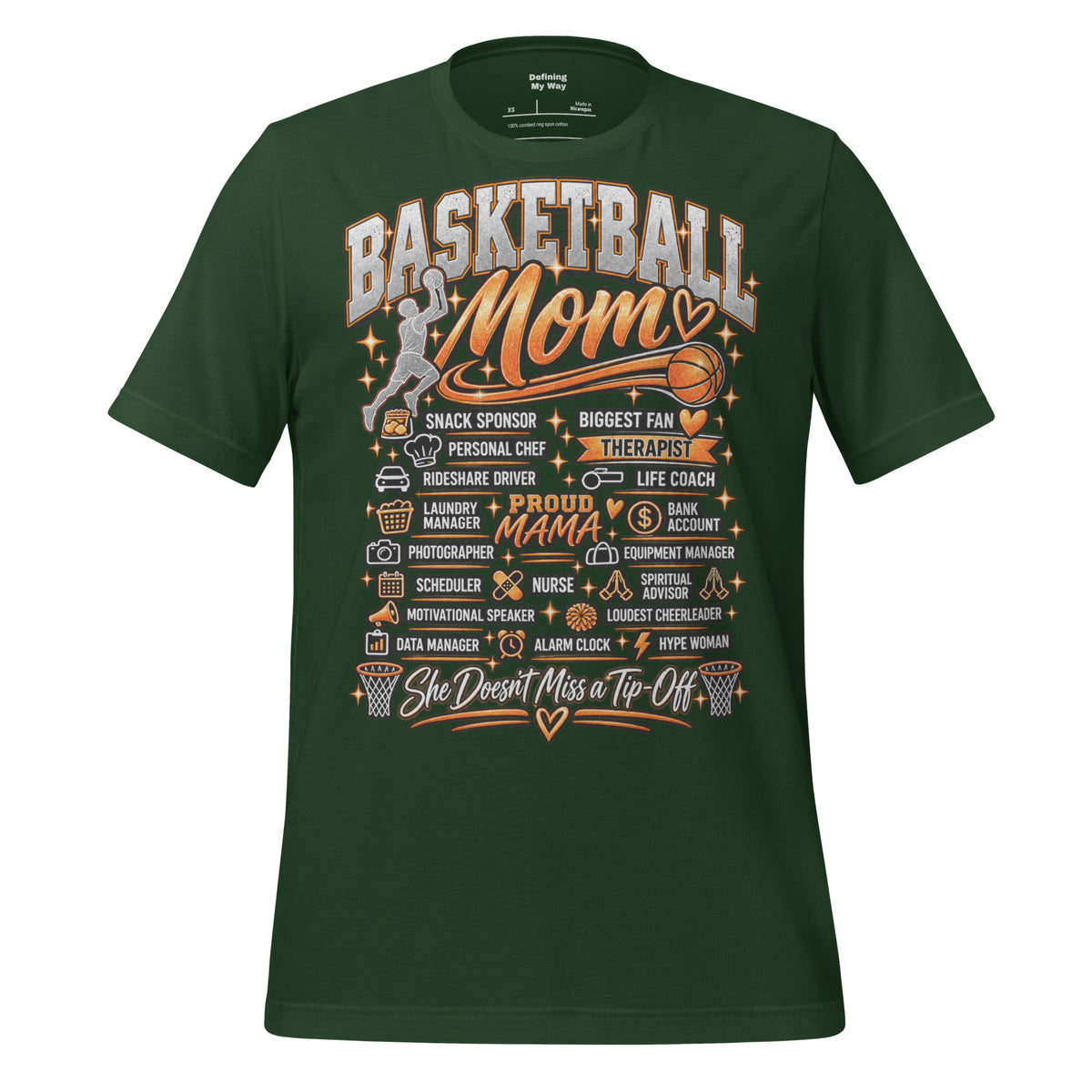 forest green Basketball Mom t-shirt with "All My Roles" design, black print, front view