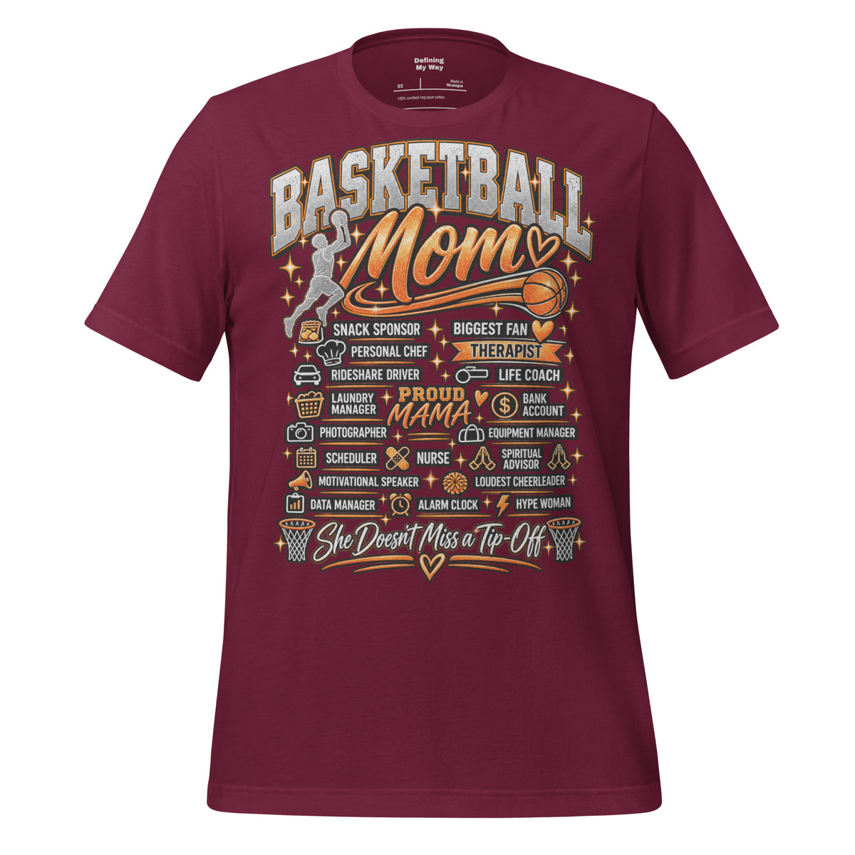 maroon Basketball Mom t-shirt with "All My Roles" design, black print, front view