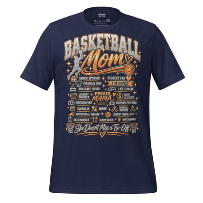 navy Basketball Mom t-shirt with "All My Roles" design, black print, front view