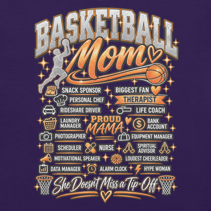 purple Basketball Mom t-shirt with "All My Roles" design, black print, front view