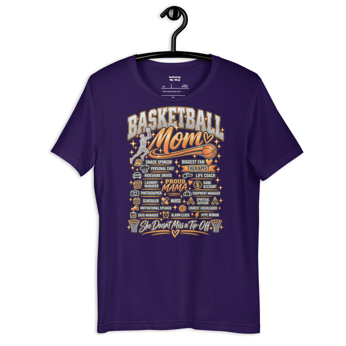 purple Basketball Mom t-shirt with "All My Roles" design, black print, front view