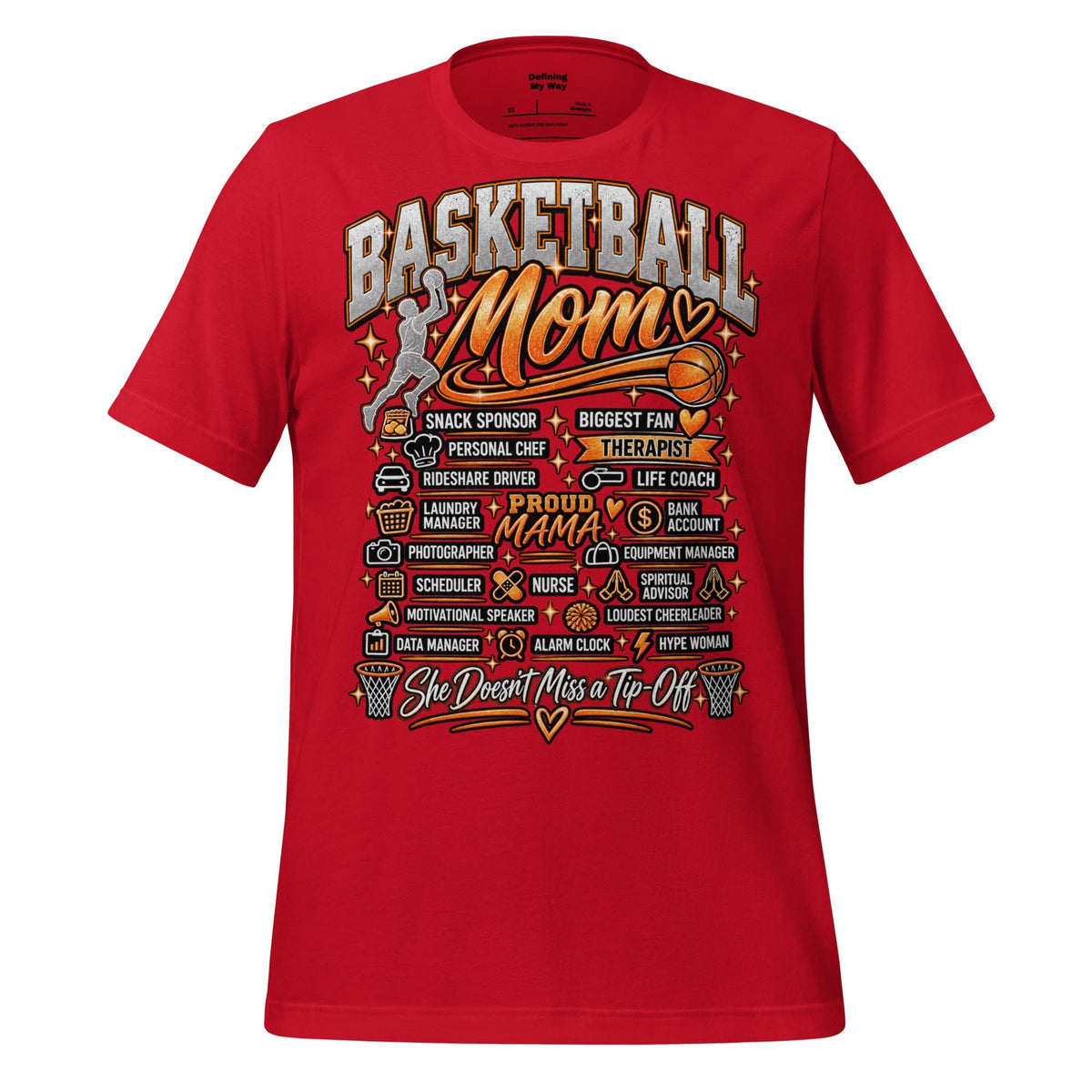 red Basketball Mom t-shirt with "All My Roles" design, black print, front view