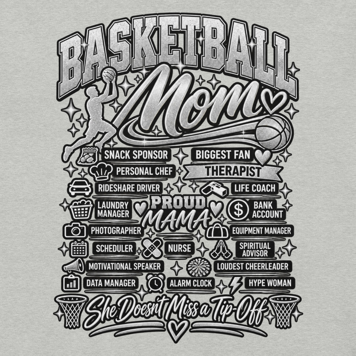 athletic heather Basketball Mom t-shirt with "All My Roles" design, chrome print, front view