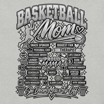 athletic heather Basketball Mom t-shirt with "All My Roles" design, chrome print, front view