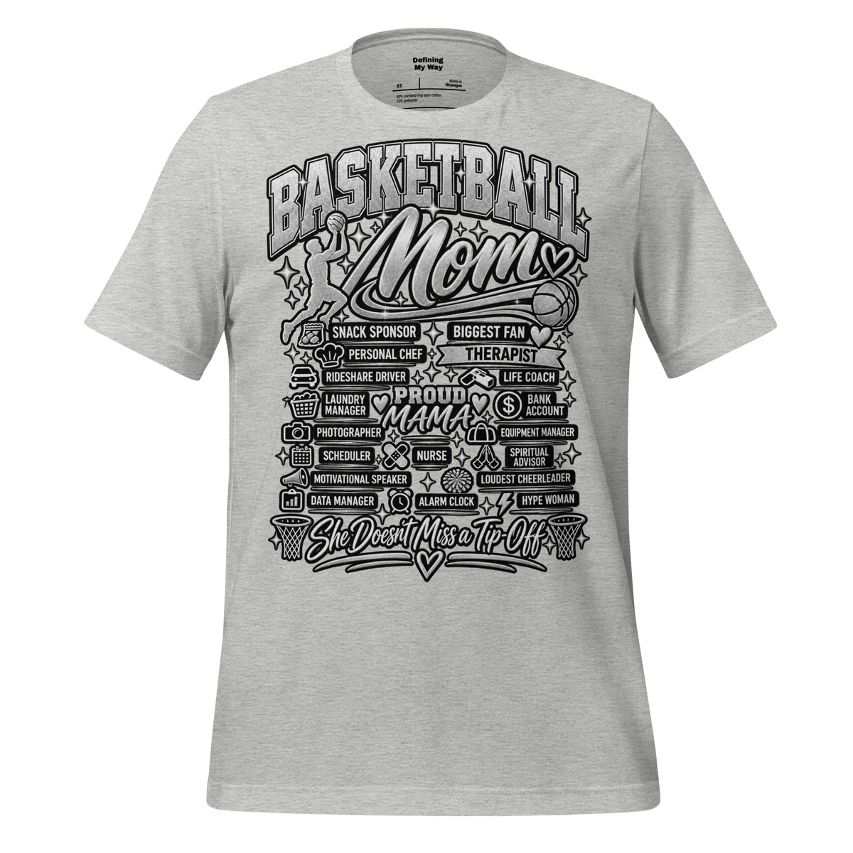 athletic heather Basketball Mom t-shirt with "All My Roles" design, chrome print, front view